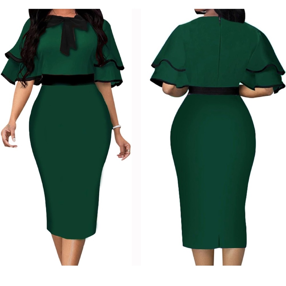 Elegant Green Midi Dress with Black Bow